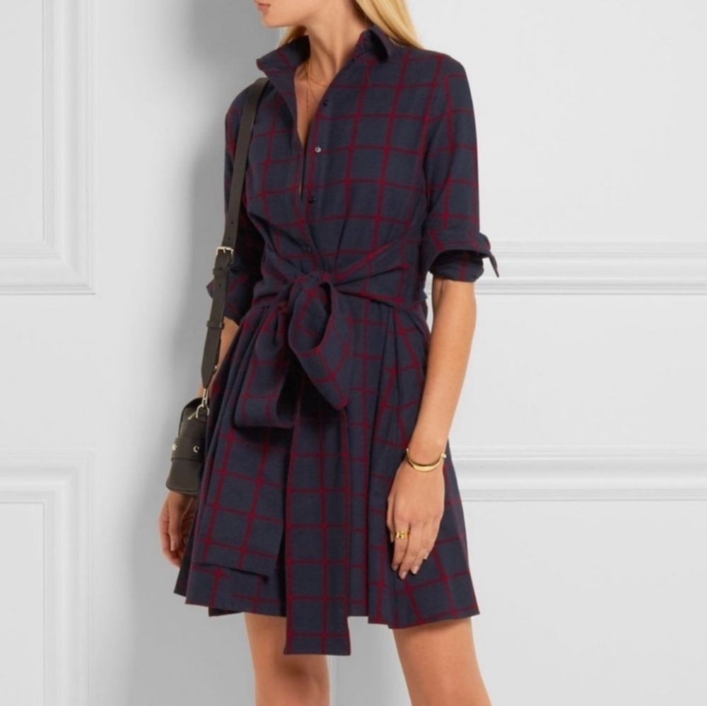 MAJE Ruly Navy Red Checked Plaid Flannel Mini Shirt Dress Sash Tie Small